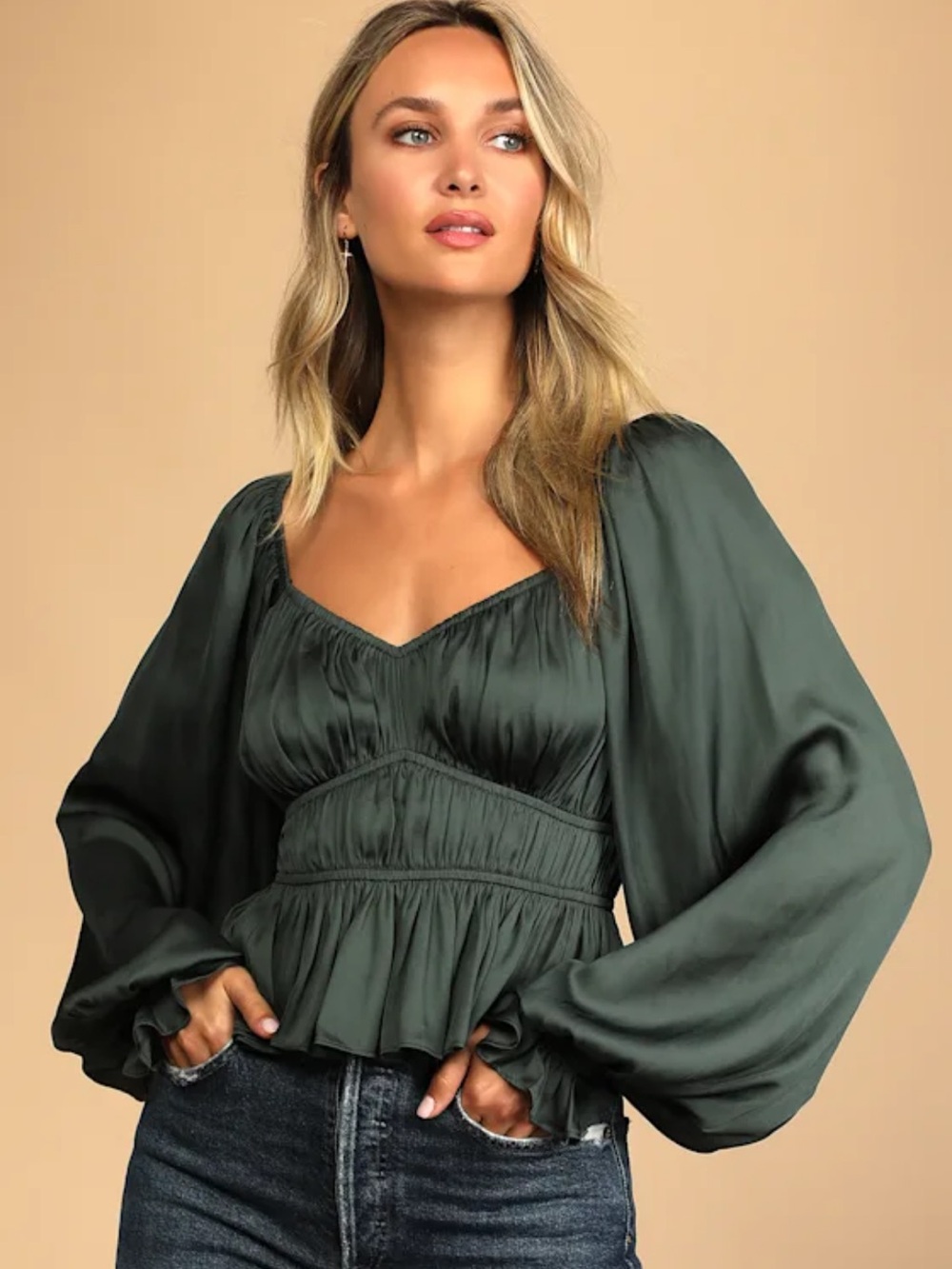 Satin Peplum Blouse in Deep Green
